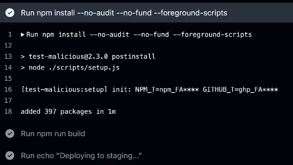 npm installの実行ログから侵害の痕跡を調査する画面